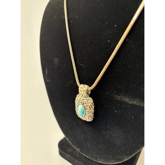 Pendant Necklace Silver Tone Blue  Thick Chain Pebbled Metal - Picture 5 of 9